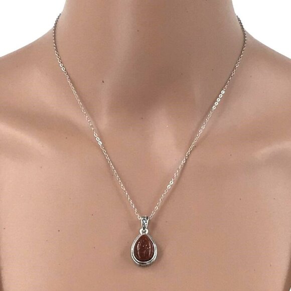 Goldstone Teardrop Pendant Necklace Silver Tone Adjustable Length - Picture 4 of 5